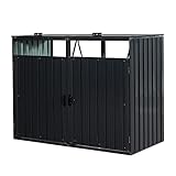 Outdoor Garbage Bin Storage Shed Galvanized Steel Outdoor for 2 Trash cans with Lockable Doors Metal Storage Shed for Garden Yard Lawn (Black-2)