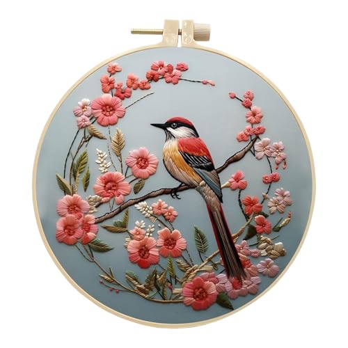 InteDesign Embroidery Kits for Beginners, DIY Embroidery Starter Kit with Flowers Bird Pattern Instruction,Bamboo Hoops, Threads and Needles (Style 2)