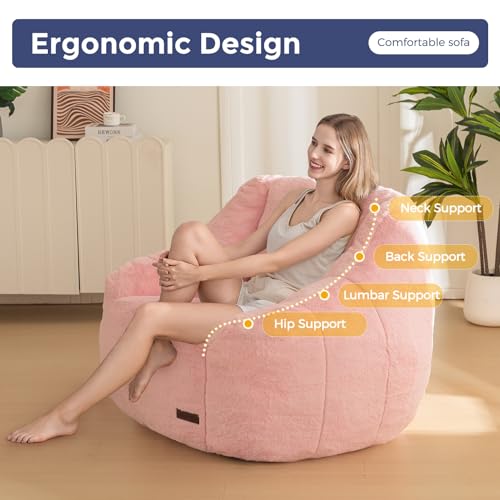 Image of MAXYOYO Bean Bag Chair, Comfy Bean Bag Sofa with Back Support, Faux Fur Bean Bag Chair for Adults and Kids, Stuffed Floor Sofa for Living Room, Bedroom, Apartment, Pink