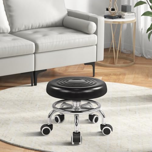 Image of KKTONER Black Roller Seat PU Leather Rolling Stools with Wheels Nail Stool for Home Work Office Shop Step Stool (Black)