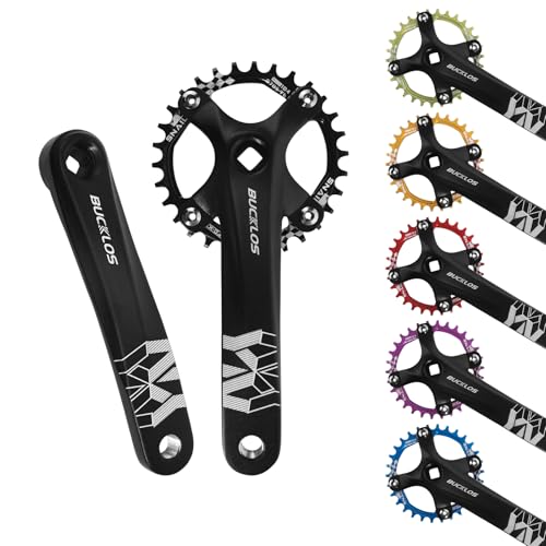 BUCKLOS 104 BCD 30T Mountain Bike Single Speed Crankset170mm Square Taper Crankset with Narrow Wide Teeth Round ChainringSix Color Bicycle Crank Arm Set