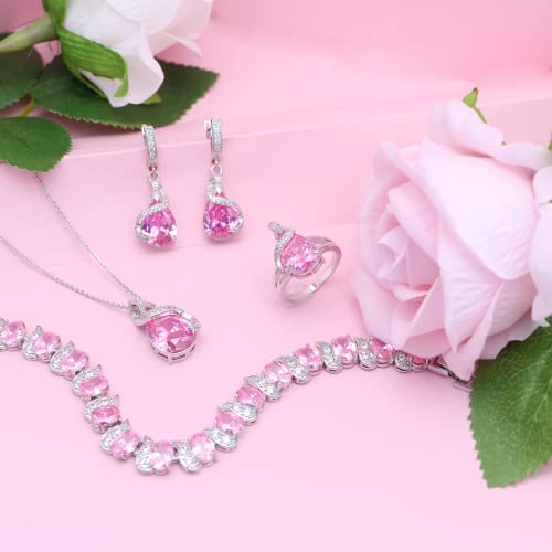 Gzwhd Pink Stone Jewelry Set For Women Water Drop Necklace Earrings Open Ring Bracelet Set Birthday Engagement Valentine's Day Gifts For Girls Mother Friends #TOP2