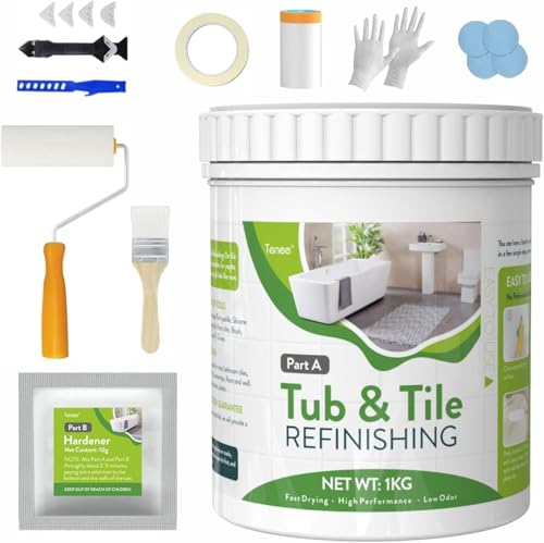 Tenee DIY Sink Bathtub Reglaze Kit, 1kg / 35 oz, White, Water-based Paint, Low Odor, 50 sq ft Coverage, 7 Day Full Cure, Bathtub and Tile Paint Kit