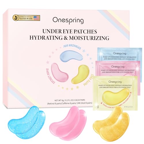Onespring Eye Masks (24 Pairs), Caffeine, 24K Gold and 1% Retinol Under Eye Patches for Puffy Eyes, Dark Circles & Fine Lines, Eye Gels Pads for Refreshing and Revitalizing - Under Eye Skin Care
