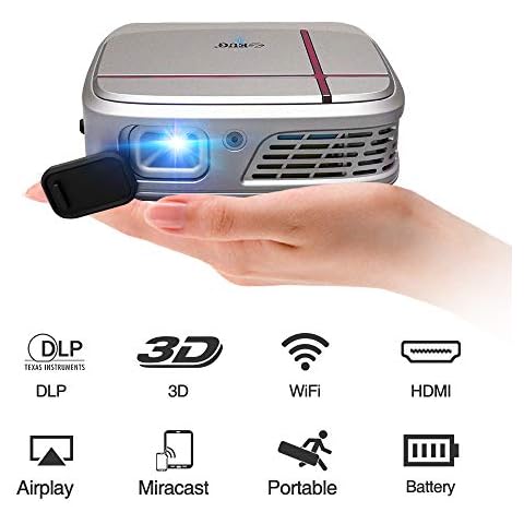 Mini Pico Projector DLP with Wifi, 3D 1080P HD Airplay Support, Wireless Portable Pocket LED Movie Projector 3300 Lumen, Built In Battery HDMI USB Audio for iOS Android TV PS4 Game Home Cinema Outdoor Cover