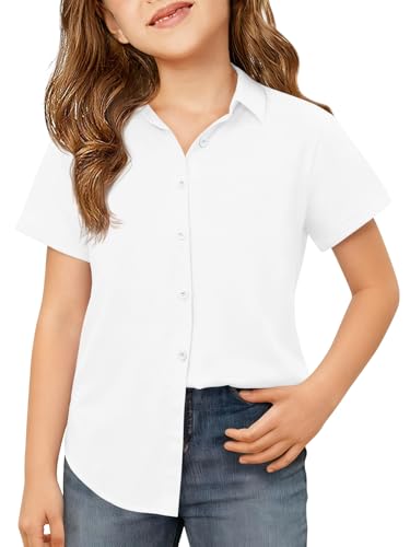 Image of Haloumoning Girls Button Down Shirts Kids Summer Short Sleeve Dress Shirts School Uniform Blouse 5-14 Years, White, 11-12 Years