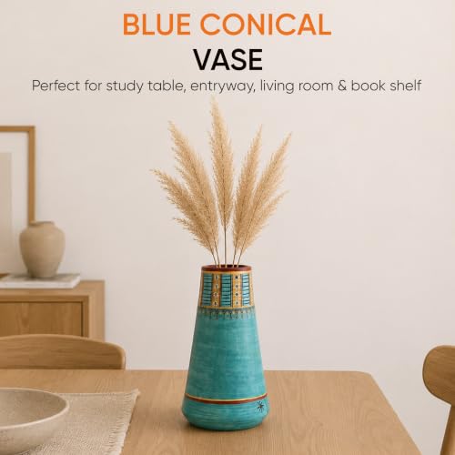 Image of Aakriti Art Creations Turquoise Blue Conical Vase | Modern Art Terracotta Flower Vase | Matte Finish Decorative Vase for Living Room, Table & Floor Decor