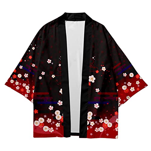 Image of DOSLAVIDA Men's Japanese Kimono Jacket Set Stylish Open Front Coat With Shorts Chinese Style Printed Cardigan Suit
