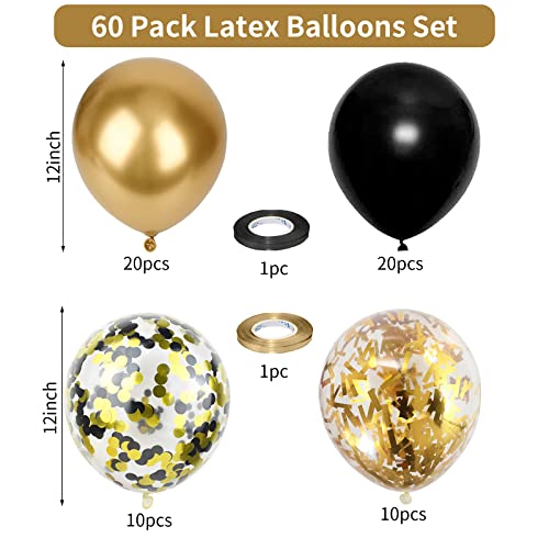 Image of Balloons Black Gold, 60 Packs 12 Inch Black Metallic Chrome Gold Latex Balloons with Gold Confetti Balloon for Men Women Birthday Wedding Baby Shower Graduate Father's Day Anniversary Decorations