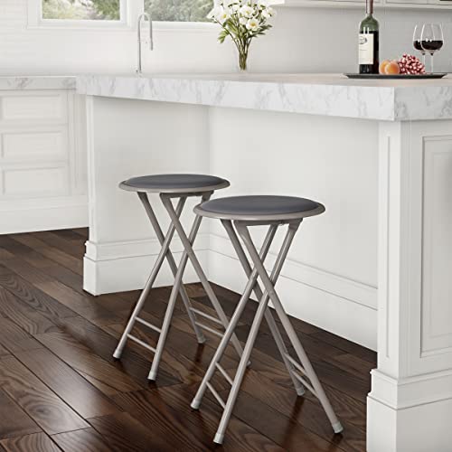 Image of Lavish Home Folding Stool with Padded Backless Seat Set of 2, Gray, 24 inch | Counter Height Bar Stools with 225lb Capacity, Portable Indoor & Outdoor, Extra Seat for Kitchen, Rec Room or Camping