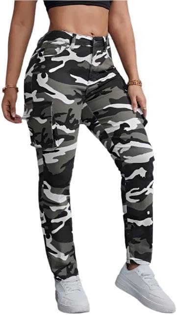 Women's Camo Print Cargo Jeans with Side Flap Pockets - High Stretch Relaxed Fit Streetwear Denim Pants