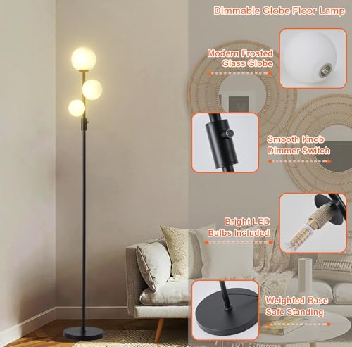 Image of Fiqevs Upgraded Dimmable 3 Globe Mid Century Modern Floor Lamp, 3 x 3000K Warm Light LED Bulbs Included, Matt Black Standing Lamp with Sphere Glass Shade, Vintage Tall Lamp for Living Room, Bedroom