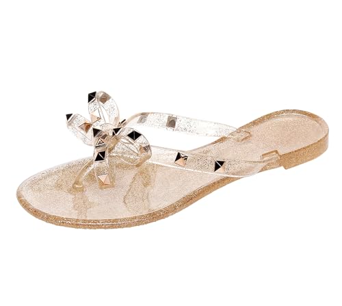 Image of Studded Jelly Shoes for Womens Bow Flip Flops Jellies Sandals Flat Black Summer Beach Thong with Rivets Strappy Slides Slip On