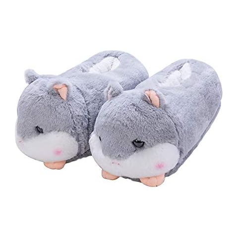 IFEVER Cute Hamster Fuzzy Winter Animal Cozy House Slippers for Adult Women Indoor, Non Slip Warm Indoor Shoes for Ladies (Grey) Cover