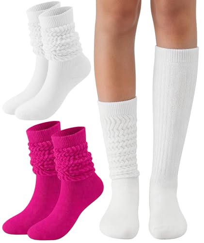 PLULON 2 Pairs Slouch Socks Hot Pink White Stockings Scrunch Slouchy Long Boot Socks Knee High Knit Tube Leg Warmers for Retro Disco Bachelorette Neon Party Valentines Day Birthday