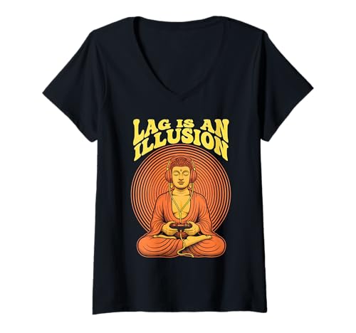Womens Gamer Buddha Lag is an Illusion Funny Gaming Zen Meditation V-Neck T-Shirt