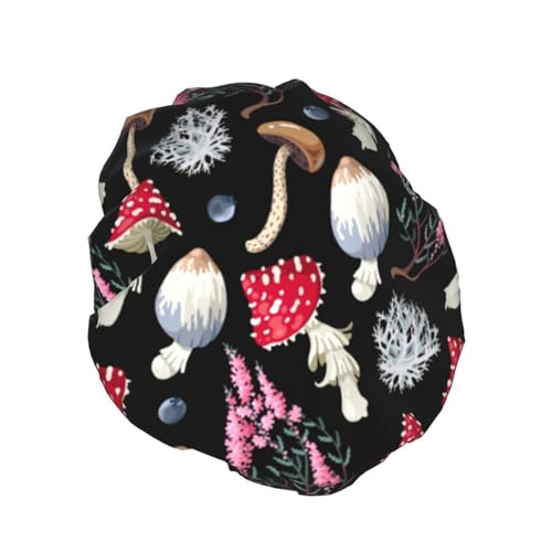 Bonnet de douche imperméable à motif champignons et feuilles d'automne avec double doublure