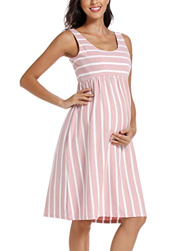 Ecavus Womens Maternity Tank Dress Stripe Color Block Sleeveless Knee Length For Baby Shower thumb #2