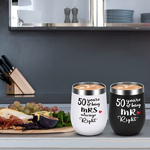 50Th Anniversary Presents For Couples, 50 Years Of Being Mr. Right Mrs. Always Right Wine Tumbler Set, Wedding Gift For Husband Wife Parents Grandparents, 12 Oz Stainless Steel Tumbler, Black White #TOP1
