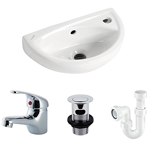 Small Compact Tiny Bathroom Cloakroom Basin Sink Wall Hung Curved with Fixings, tap, Waste, and Trap