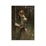 Lady Knight Reading In The Forest Wall Art, Medieval Fantasy Poster Vintage Woman Knight Oil Painting Prints, Dark Academia Wildflower Field Wall Decor for Bedroom Study Room 12x16in Unframed
