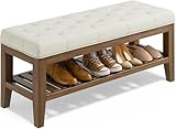 YaFiti End of Bed Storage Bench, 42.9' Entryway Shoe Bench with Solid Wood Shelf, Upholstered Ottoman with Padded Seat for Bedroom, Hallway and Living Room, Beige