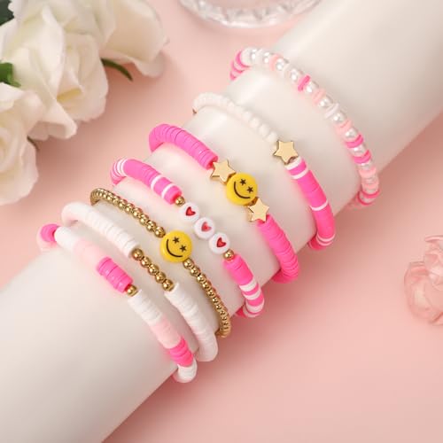 Image of Preppy Bracelets Set Colorful White Gold Smile Heart Star Polymer Beaded Pearl Clay Stackable Charm Y2K Kidcore Aesthetic Summer Beach Bohemian Stretch Layering Bracelets Jewelry for Girls Women Teens