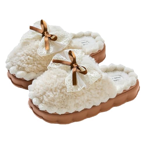 HANDKEI Women's cute bow anti slip thick rubber sole plush slippers for home and indoor use