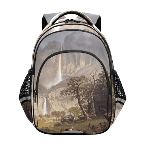 Joisal Scenery Print Albert Bierstadt Yosemite Fall Kids Backpacks for Girls Student Travel Back to School Bags Cute Dinosaur Book Bags Elementary School Boys Backpacks Cool Medium