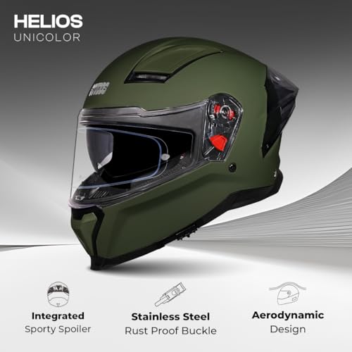 Image of STUDDS Helios ISI and DOT Certified Full Face Helmet with Antifog 100 Lens, Sporty Spoiler (Military Green - L)