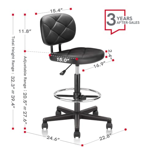 Image of KLASIKA PU Leather Rolling Stools with Foot Rest and Back Support, Adjustable Diamond Upholstered Drafting Chair with Wheels, Multi-Purpose Desk Chair for Home Office Bar Kitchen Shop, Black (4PK)