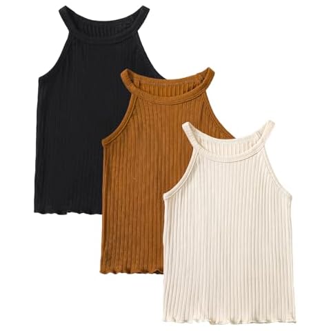 ROMPERINBOX Toddler Tank Tops Girls 3 Pack Ribbed Knit Multipacks Halter Top Camisoles Undershirt 3-7 Years(Black/Beige/Brown,7Y) Cover