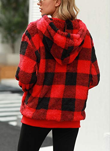 Nirovien Womens Sherpa Pullover Tie Dye Fuzzy Hoodie Double Fleece Sweatshirts Fluffy Oversized Plaid Outerwear(Red Plaid,M) #TOP4