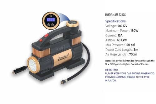 Image of AM3312S Rapid Double Action Extra Heavy Duty Digital Tyre Inflator Air Pump, DC 12V, 60 Liters Per Minute,Black