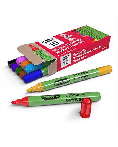 SHOW-ME - Whiteboard Markers | Drywipe, Erasable Medium Tip 2mm Line in Assorted Colours | Classroom Board Writing Pens with 3-Day Cap-off, Box of 10