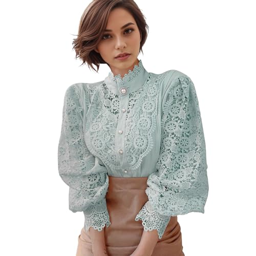 Petalum Femme Chemisier Dentelle Chic Chemise Victorien à Manche Longue Bouffante Ballon Sexy Chemisier Gothique Lolita Lace Ajouré Top Blouse Renaissance Elégant Ample Vintage