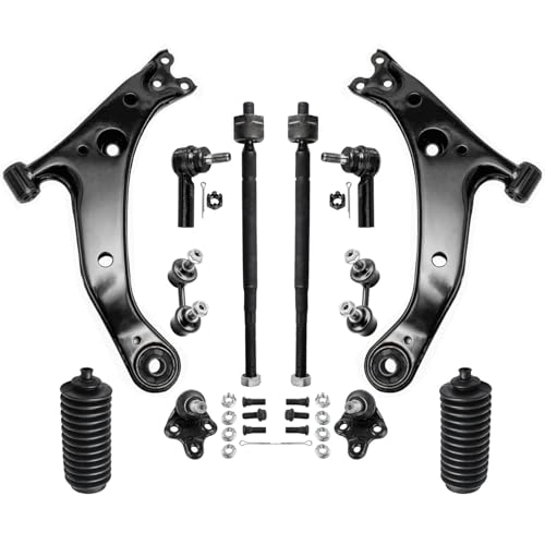 Image of Detroit Axle - Front End 12pc Suspension Kit for Toyota Corolla Chevrolet Geo Prizm, 2 Lower Control Arms 2 Ball Joints 4 Inner & Outer Tie Rods 2 Boots 2 Sway Bars Replacement