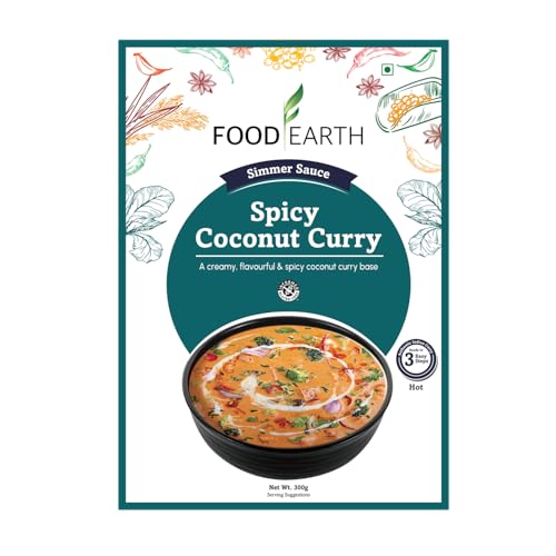 Food Earth Spicy Coconut Curry Simmer Sauce | Creamy & Fiery South-Asian Style Curry Base with Red Chili, Spices & Coconut | No Added Preservatives | Ready to Cook in 5 Minutes | Serves 2 | 300g Pouch
