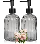 2 Pack 13.5oz Glass Soap Dispenser with Plastic Pump, Vertical Stripe Design Refillable Hand Soap...