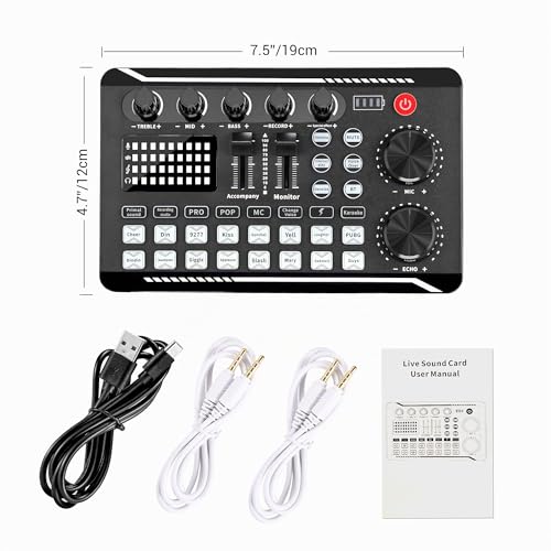 Facmogu F998 Live Sound Card Audio Mixer, Podcast Audio Interface mit DJ Mixer Effekten, Voice Changer mit Soundeffekten für Karaoke Tiktok YouTube Live Streaming Record Gaming