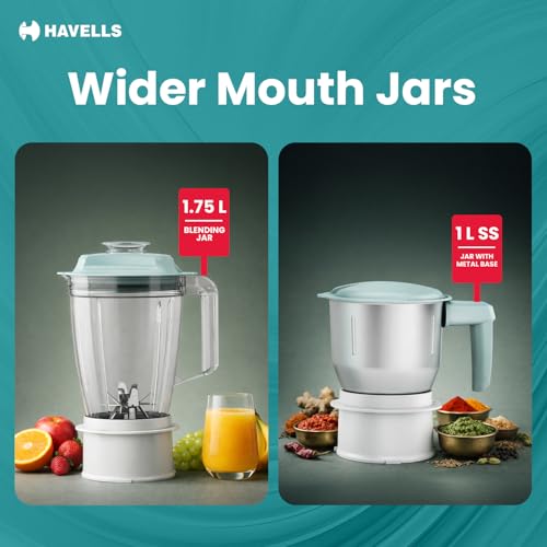 Image of Havells Hexo Punch 900W Juicer Mixer Grinder with 2 Jars|304SS Juicing Mesh|100 min Run Time|Large Size Pulp Container|1.75L Blending Jar|Body Lock Mechanism|5 Yr Warranty on Motor(Mint Green & White)