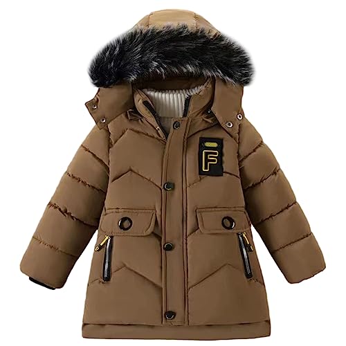 SXSHUN Enfant Manteau d'hiver Garçon Veste Chaude Avec Fourrure Capuche Matelassée Doudoune, Kaki, 5-6 ans