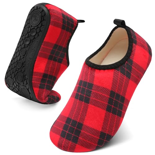 QFH Womens & Mens Cozy House Slippers - Portable Travel Shoes with Flexible Rubber Sole & Soft Velvet Lining Red Grid 6-6.5 Women/5-5.5 Men