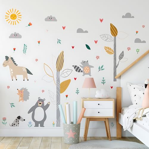 Buiory Woodland Animals Large Tree Wall Stickers Cartoon Bear Horse Hedgehog Wall Decals DIY Forest Stickers for Baby Nursery Kids Bedroom Living Room Wall Decorations