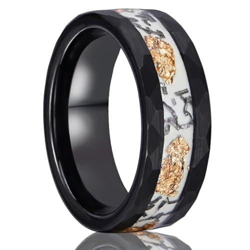 Tungsten Carbide Rings for Men Women 8mm Black Hammered Inlaid Imitation Meteorite and Golden Foil Men's Wedding Bands Fashion and Luminous (8mm White and Gold, 11)