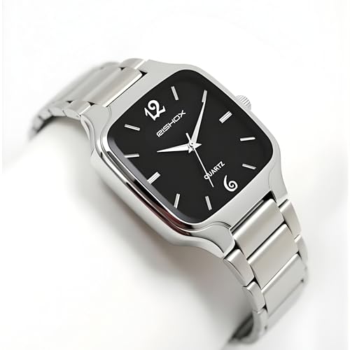 Image of Men's Analog Watch | Black Dial Square Stainless Steel Strap | Slim Quartz Wrist Watch for Men & Boys | Stylish Formal Casual Water Resistant Watch