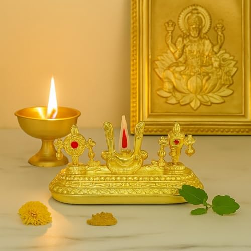 Image of Gold Plated Balaji Symbol of - Shankh, Chakra & Namam | Sacred Vaishnava Symbols for Pooja Room & Devotional Spaces | Vishnu Tilak Idol | Size: 8.5 x 4 x 5.5 cm
