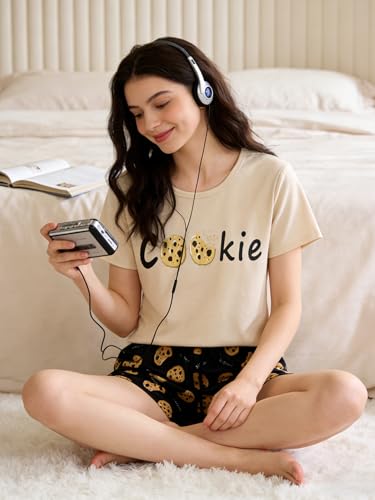 Image of VENTELAN Pajama Set For Women Cute PJS Summer Short Sleeve Shorts Sleepwear