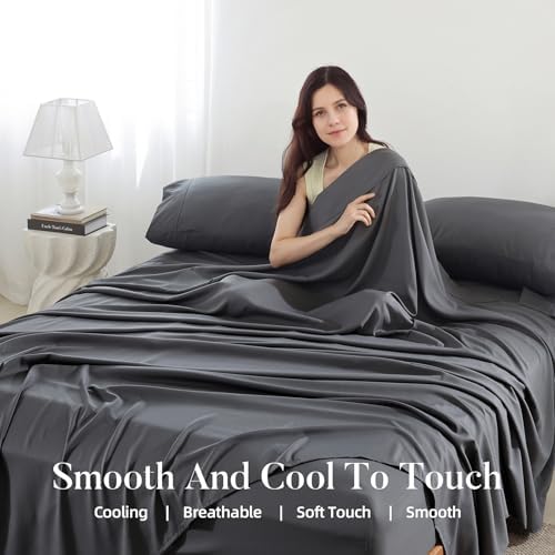 4 Piece King Size Sheet - Cooling Bed Sheets Set, Blend Rayon Derived from Bamboo, Breathable Soft Hotel Luxury Bedding & Pillowcases, Silky Fit 16 inch Extra Deep Pocket, Oeko-Tex - Charcoal - Thumbnail 4