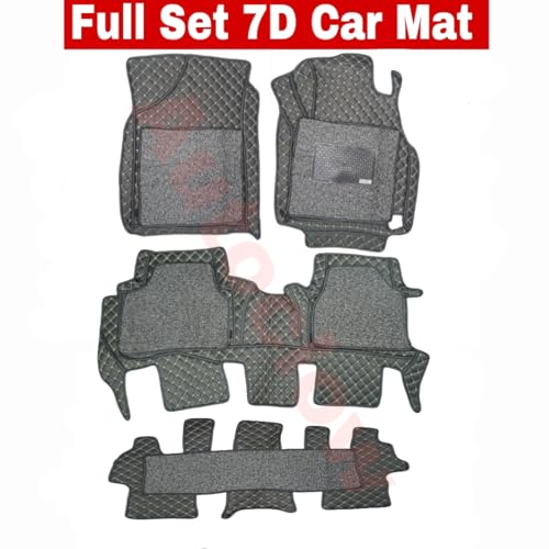 AutoClow Premium 7D Car Mat for GLOSTER 7-Seater (Model : 2020-2025) || Luxury Leather Dual-Stitch Full Set 7D Car Floor Mat || Color : Golden Stitch-Silver Grass (Design-1)